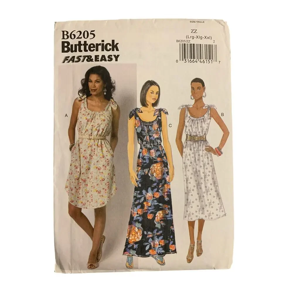 Butterick B6205 Pattern Fast & Easy Dress Tie Shoulder Size Lrg/Zlg/XXL